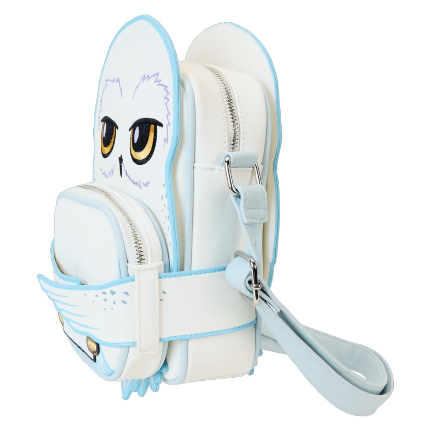 White and blue Harry Potter Hedwig crossbody-shaped bag with a strap on a white background