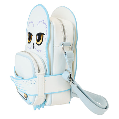 White and blue Harry Potter Hedwig crossbody-shaped bag with a strap on a white background