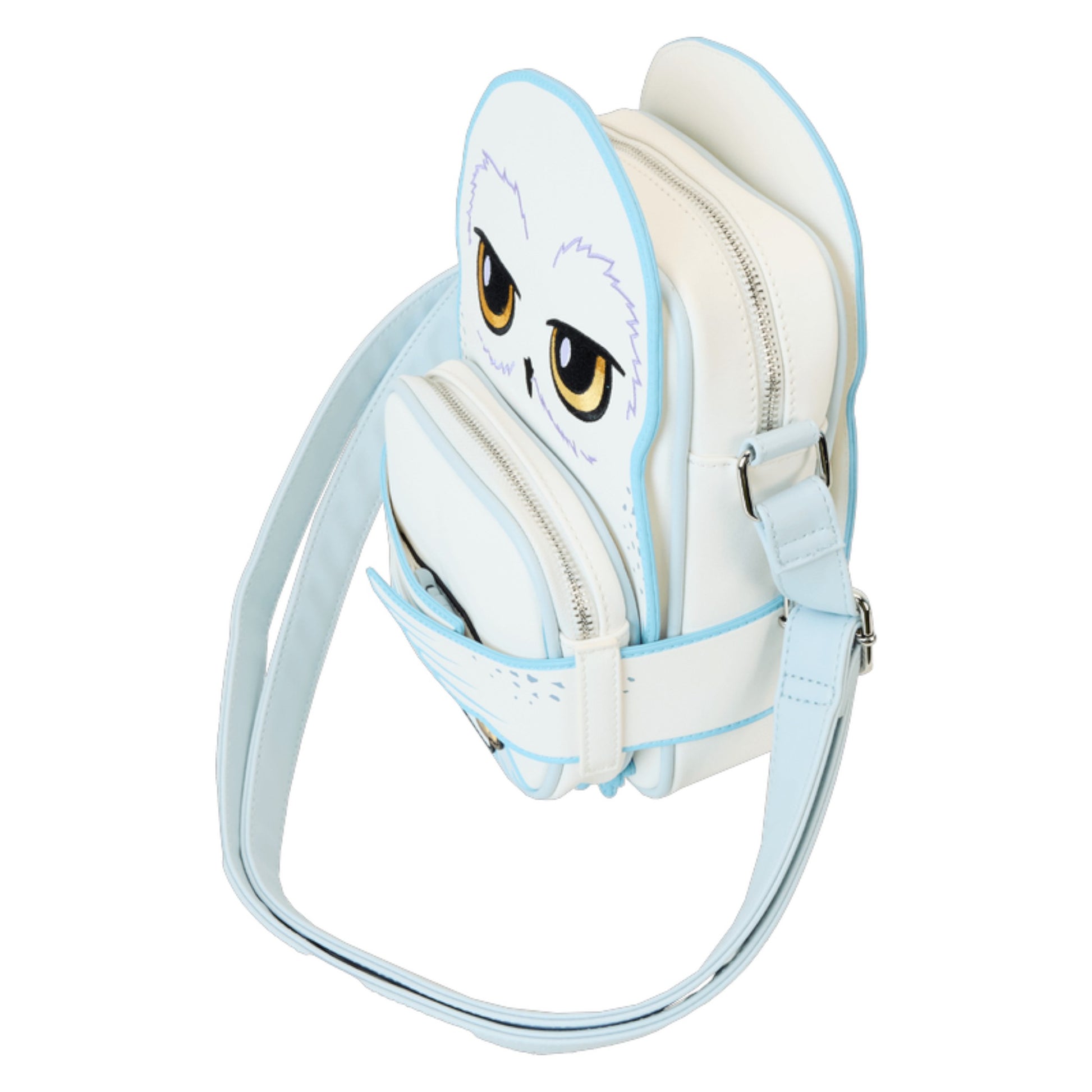 Harry Potter Hedwig-shaped crossbody bag with a light blue strap on a white background