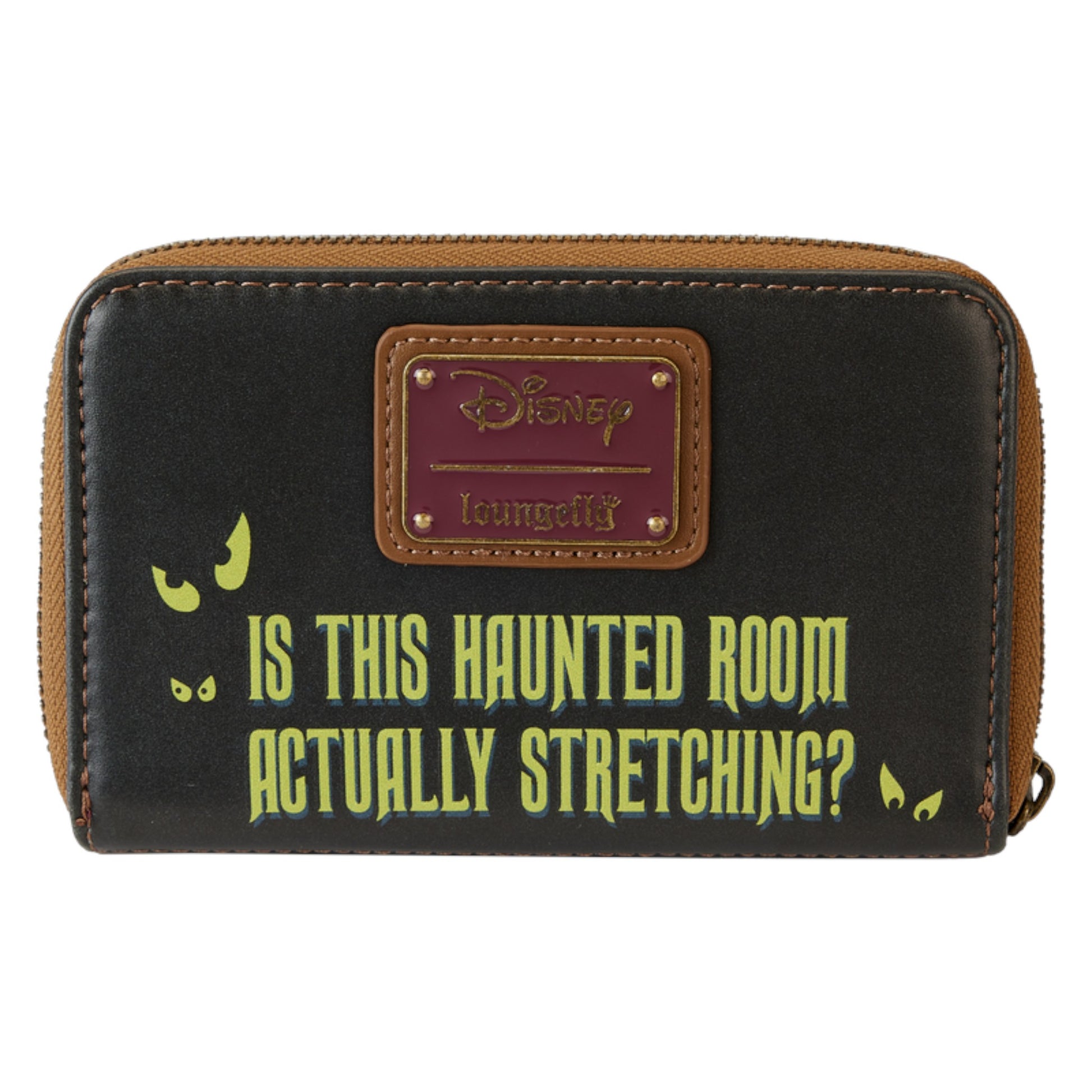 Back of Loungefly Haunted Mansion Stretching Room Portraits wallet with 'Is This Haunted Room Actually Stretching?' yellow text and a Disney Loungefly logo on a white background