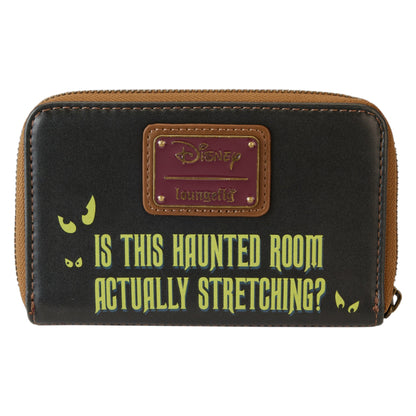 Back of Loungefly Haunted Mansion Stretching Room Portraits wallet with 'Is This Haunted Room Actually Stretching?' yellow text and a Disney Loungefly logo on a white background