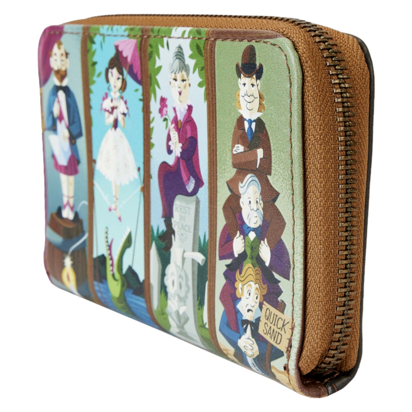 Side view of Loungefly Haunted Mansion Stretching Room Portraits wallet with illustrated characters on a white background