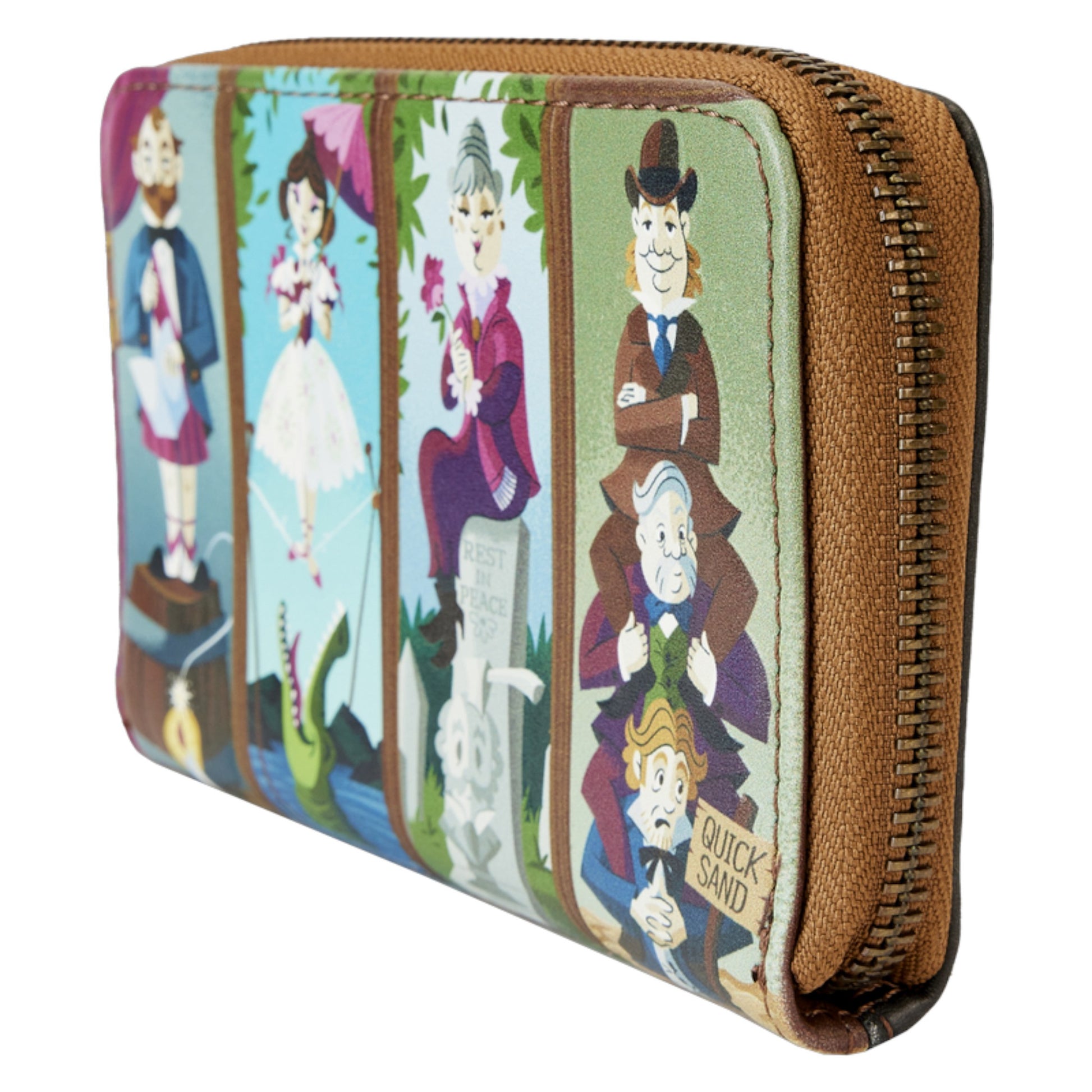 Side view of Loungefly Haunted Mansion Stretching Room Portraits wallet with illustrated characters on a white background