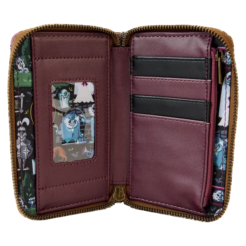 Inside of Loungefly Haunted Mansion Stretching Room Portraits wallet with card holder and patterned interior on a white background