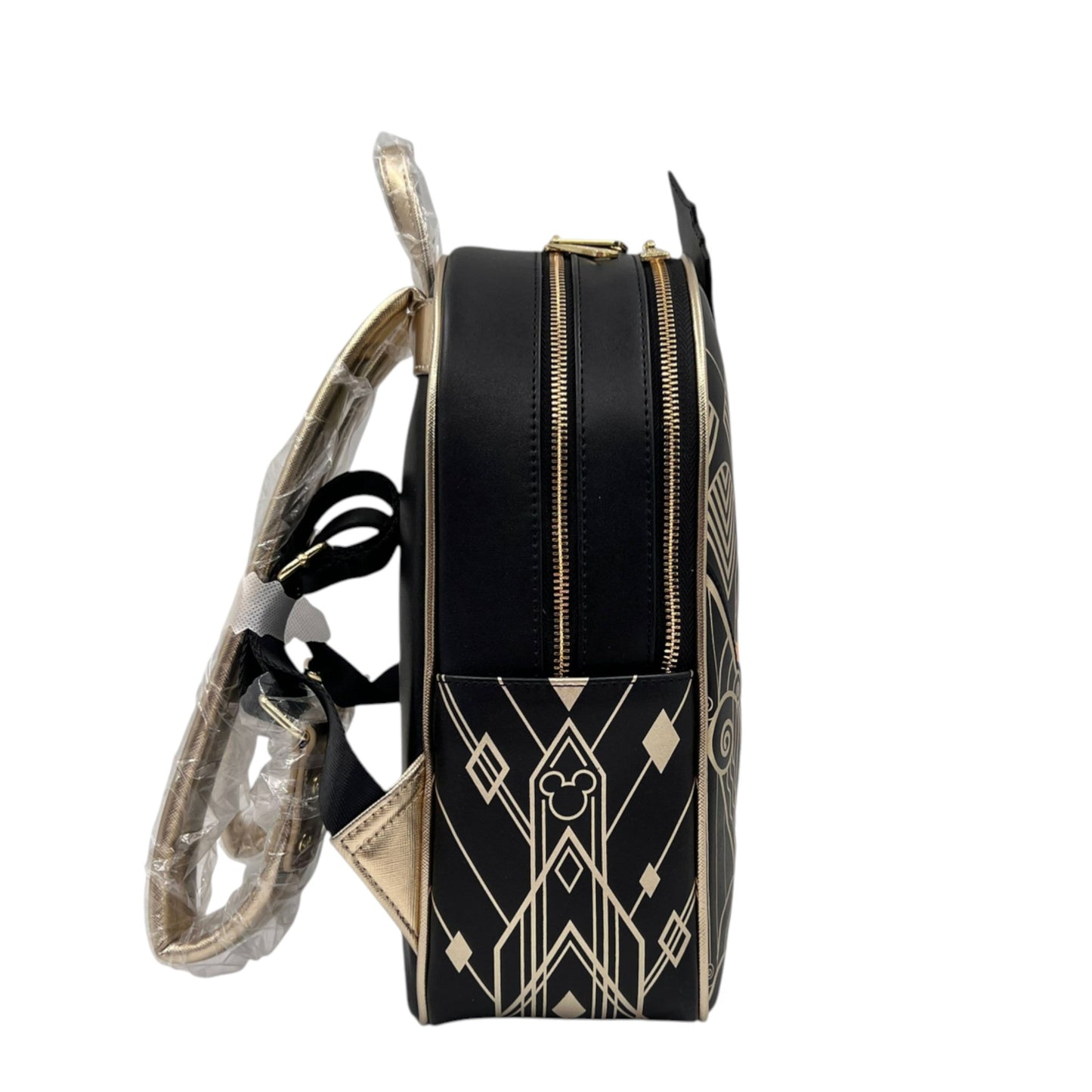 Black backpack with gold accents and geometric patterns on a white background
