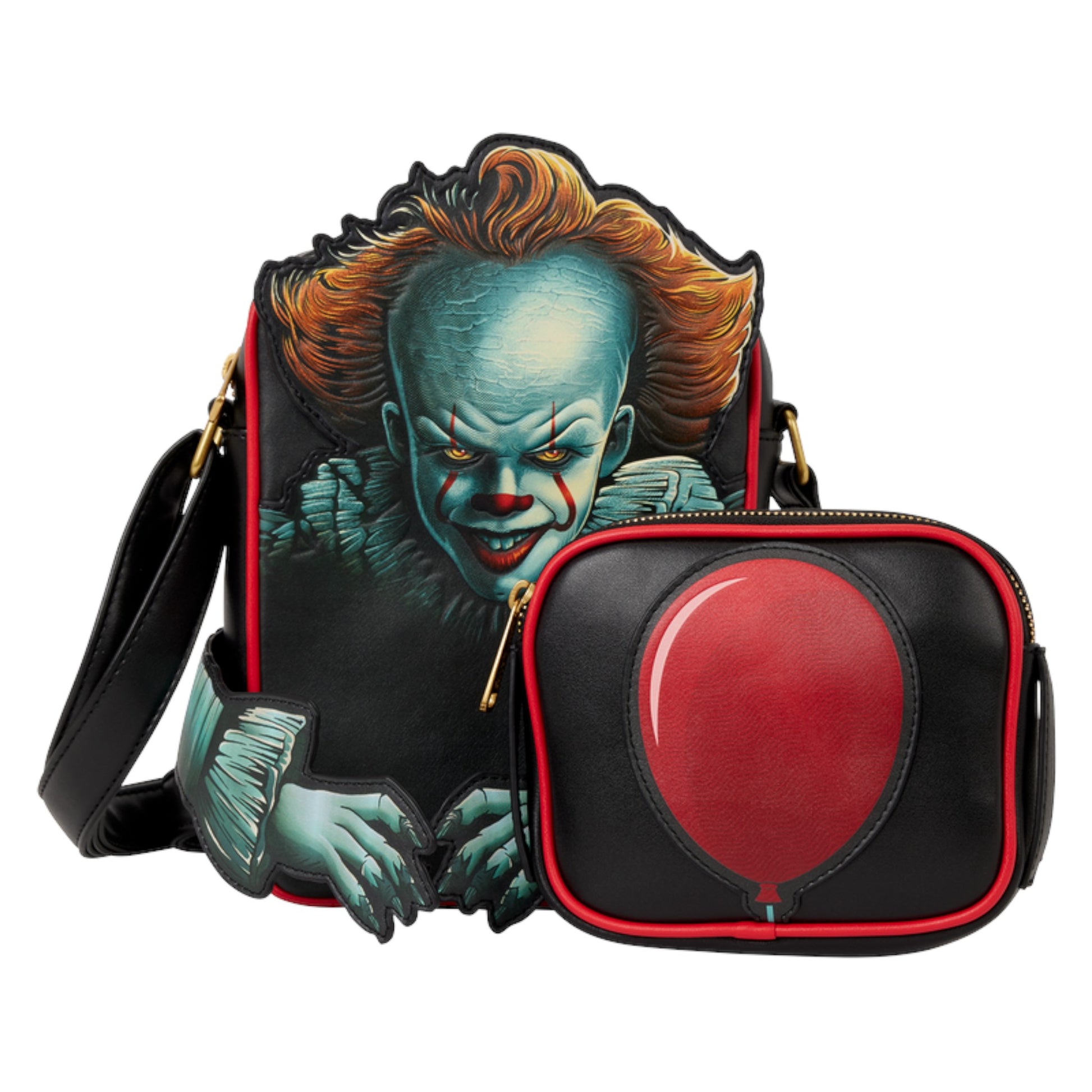 Pennywise clown handbag with a red balloon on a white background