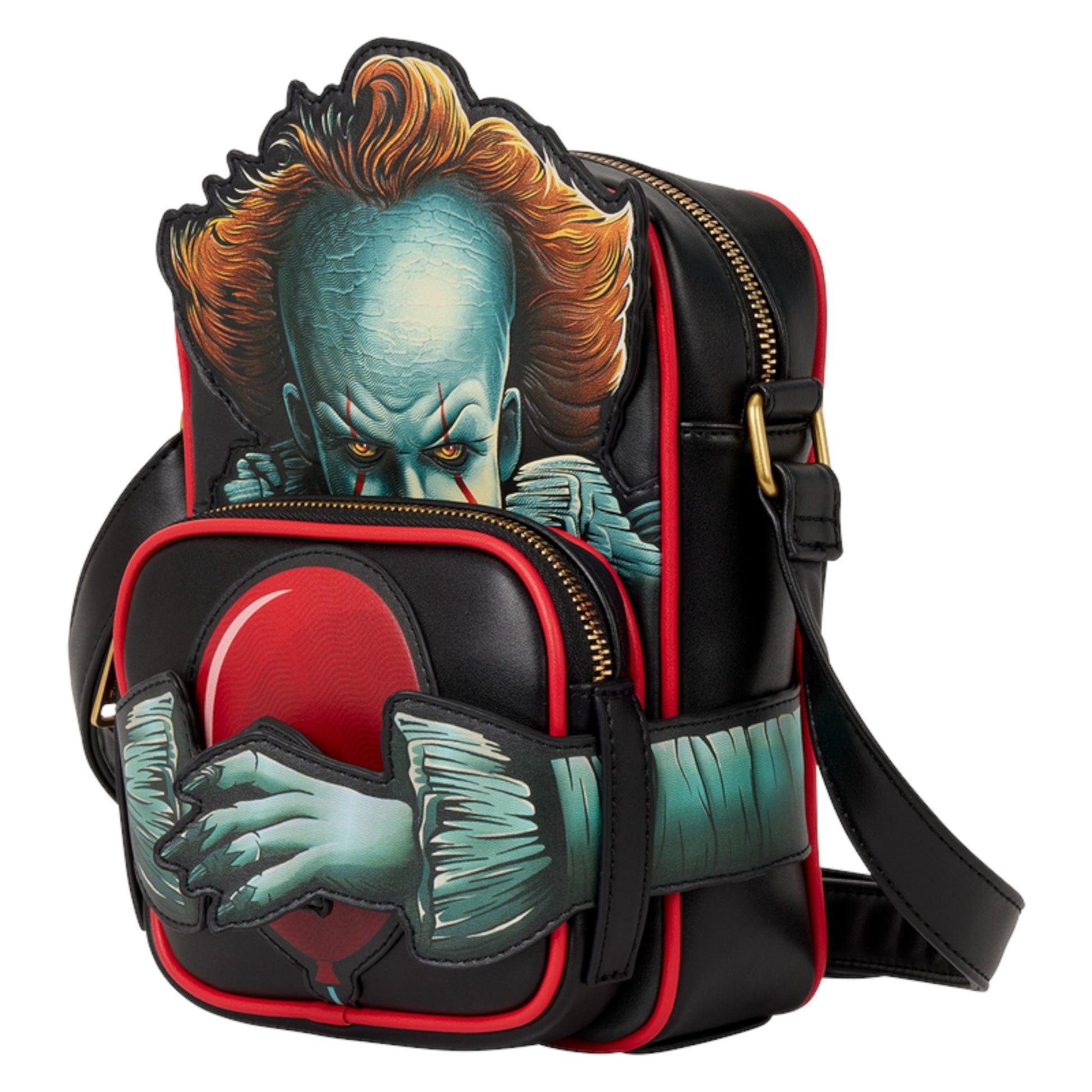 Backpack with a detailed design of Pennywise clown on a white background