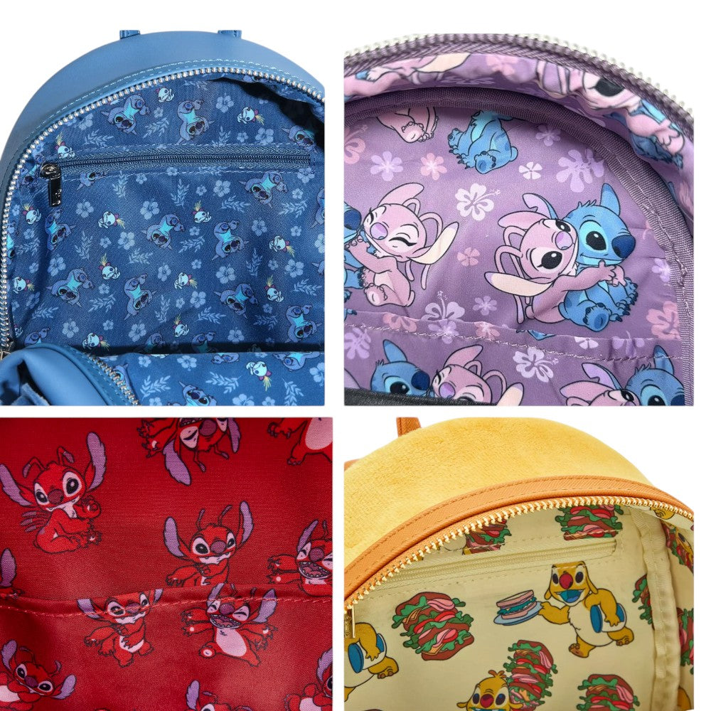 Four backpacks with different  Lilo & Stitch character patterns in blue, purple, red, and yellow.