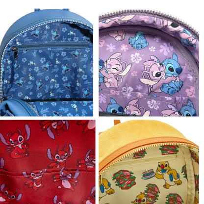 Four backpacks with different  Lilo & Stitch character patterns in blue, purple, red, and yellow.