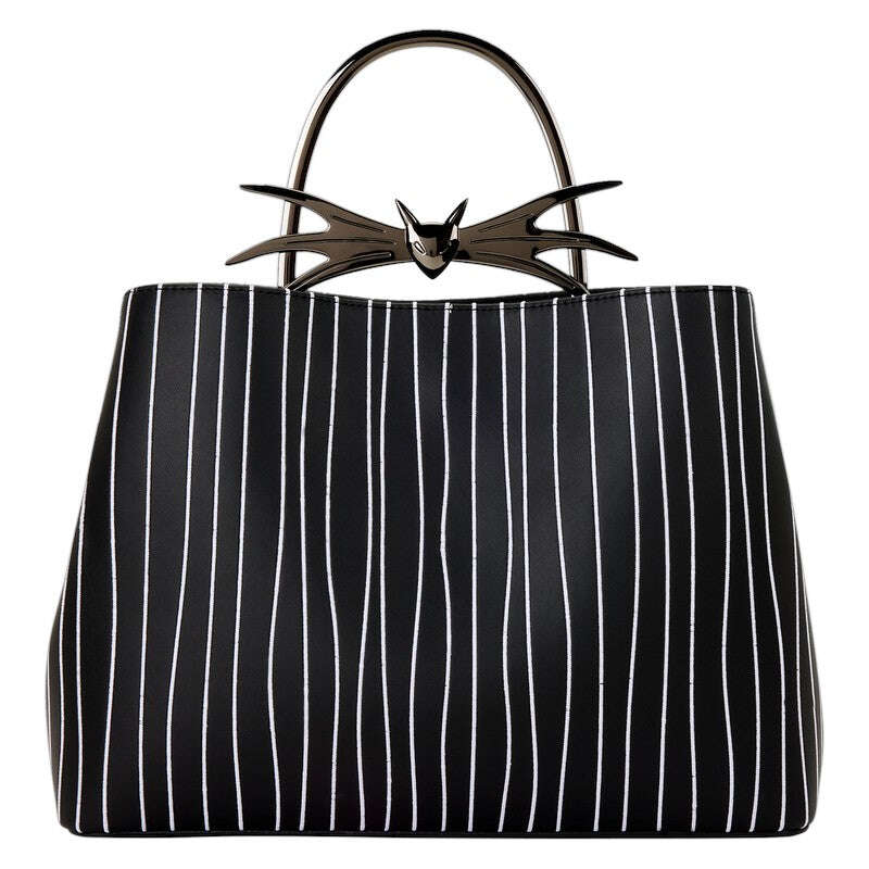 Black handbag with white pinstripes and decorative Jack Skellington handle on a white background
