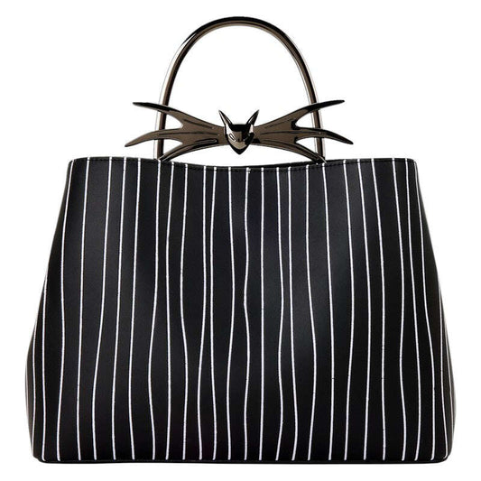 Black handbag with white pinstripes and decorative Jack Skellington handle on a white background