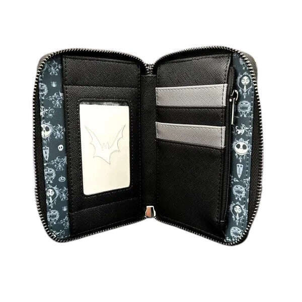Open wallet with decorative strap and card slots on a white background