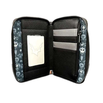 Open wallet with decorative strap and card slots on a white background