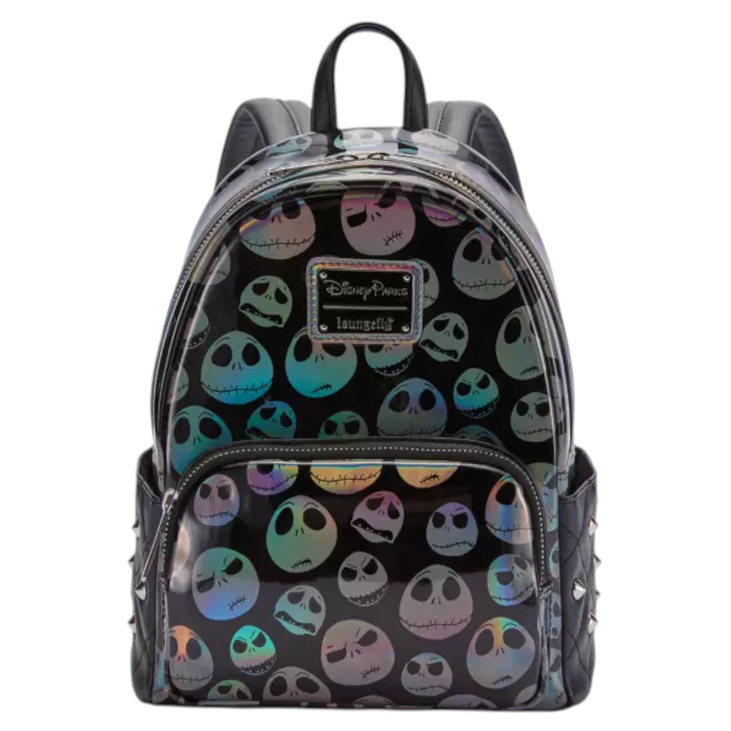 Backpack with Jack Skellington holographic faces pattern on a black background