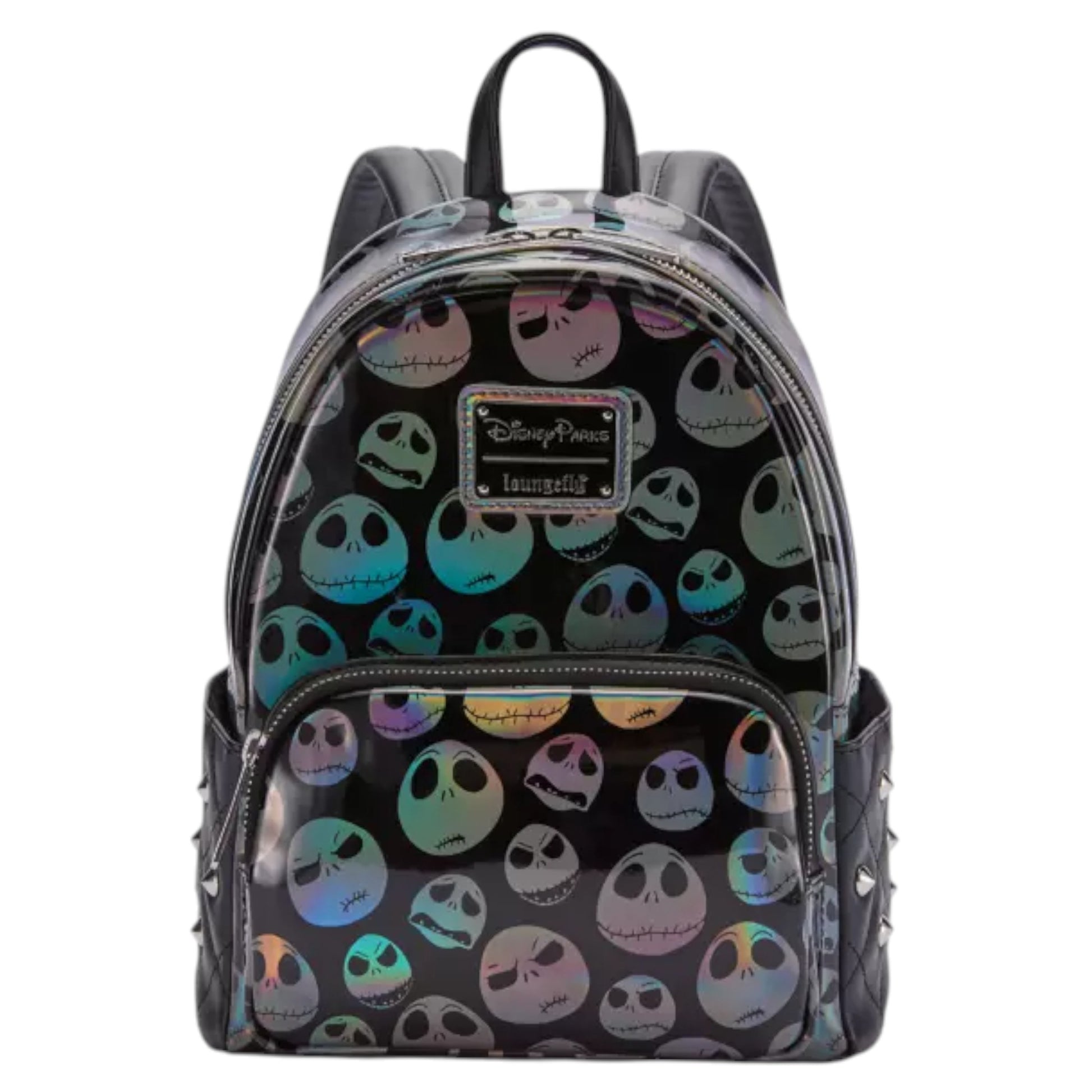 Backpack with Jack Skellington holographic faces pattern on a black background