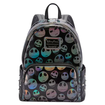 Backpack with Jack Skellington holographic faces pattern on a black background