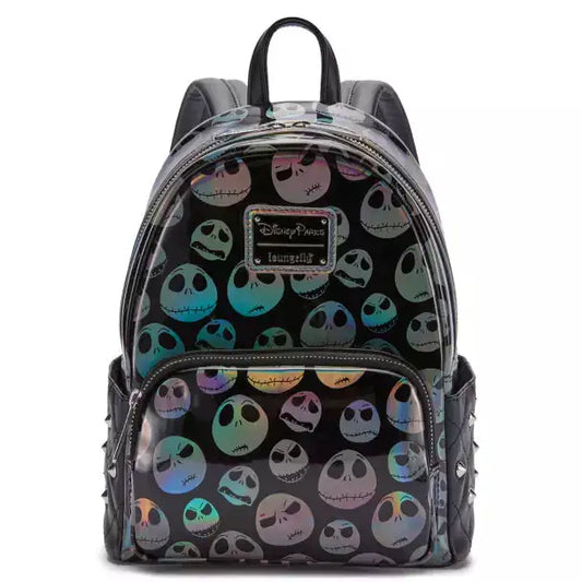 Backpack with colorful Jack Skellington pattern on a white background