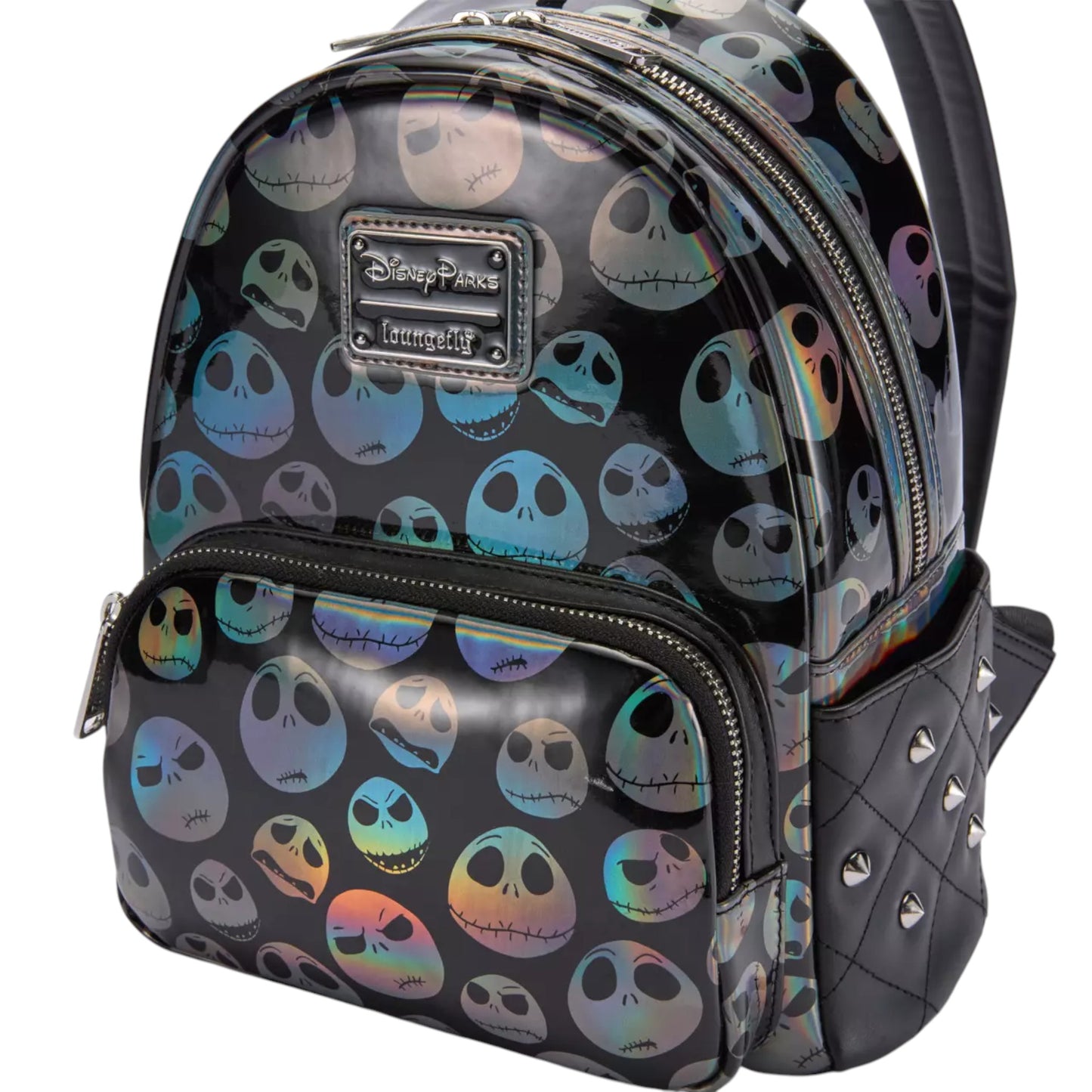 Backpack with Jack Skellington holographic faces pattern and Disney Parks logo on a white background