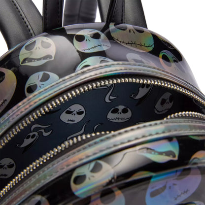 Backpack with jack skellington head pattern and reflective accents
