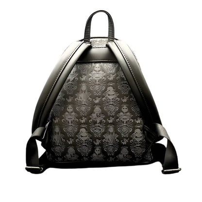 Black backpack with patterned back on a white background