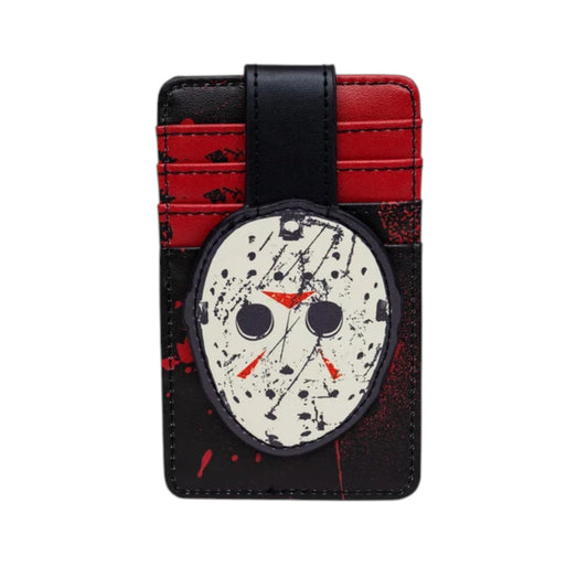 A black and red cardholder wallet featuring a prominent circular patch of a distressed hockey mask  (Jason Voorhees) with red splatters, shown on a plain white background.
