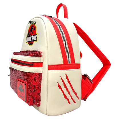 Jurassic Park-themed backpack with red accents and visible logo on a white background