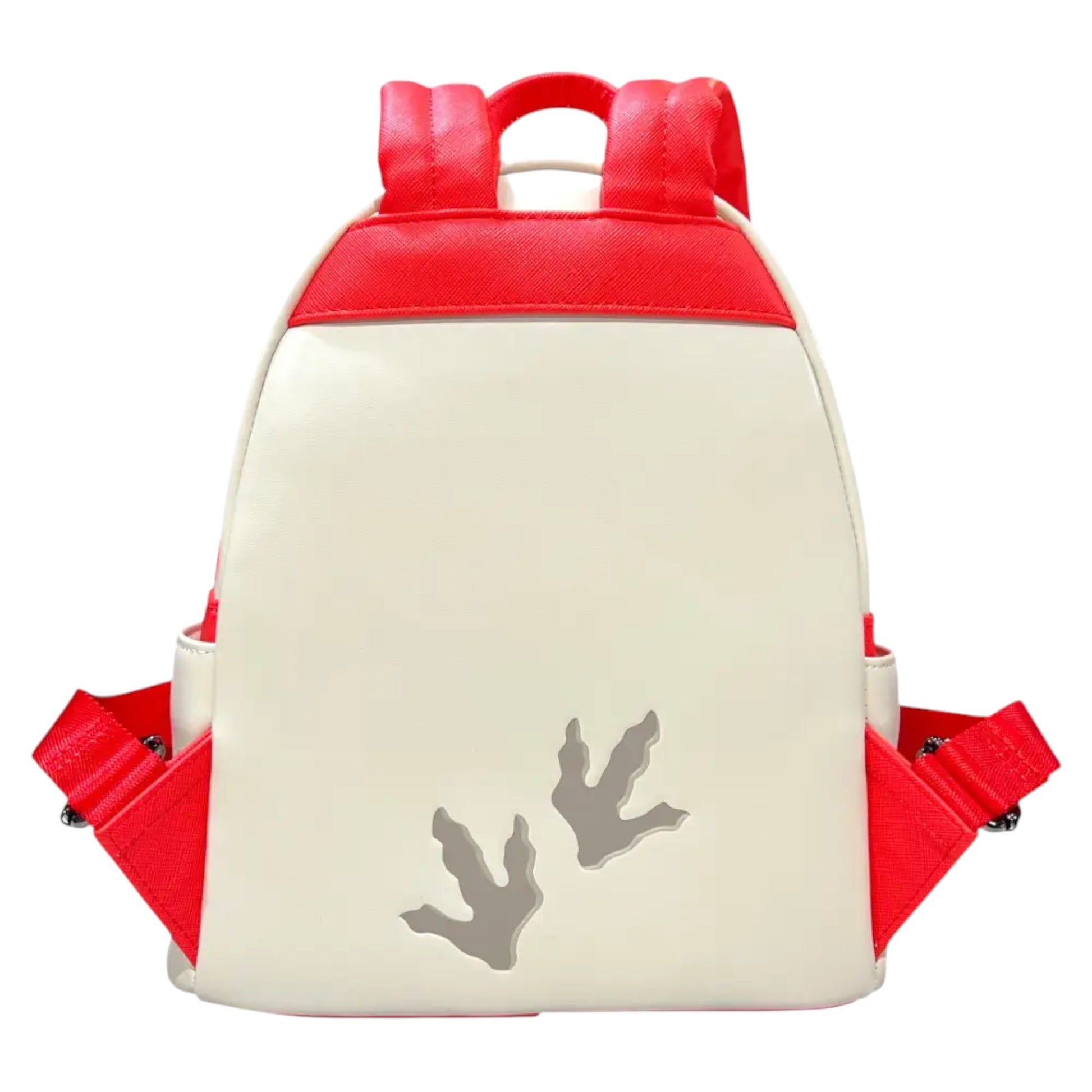 Backpack with red top section and beige bottom section featuring dinosaur footprints on a white background
