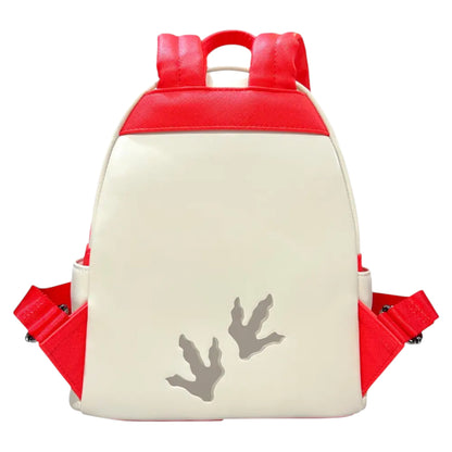 Backpack with red top section and beige bottom section featuring dinosaur footprints on a white background