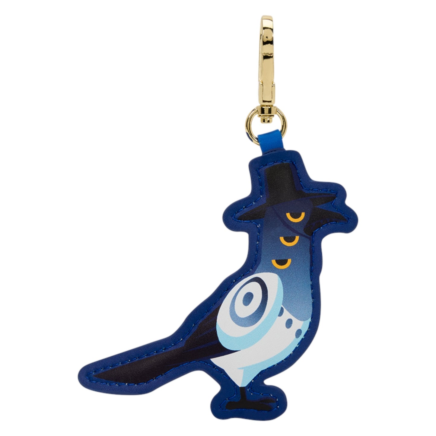 Blue and black bird-shaped zipper charm with gold ring on a white background