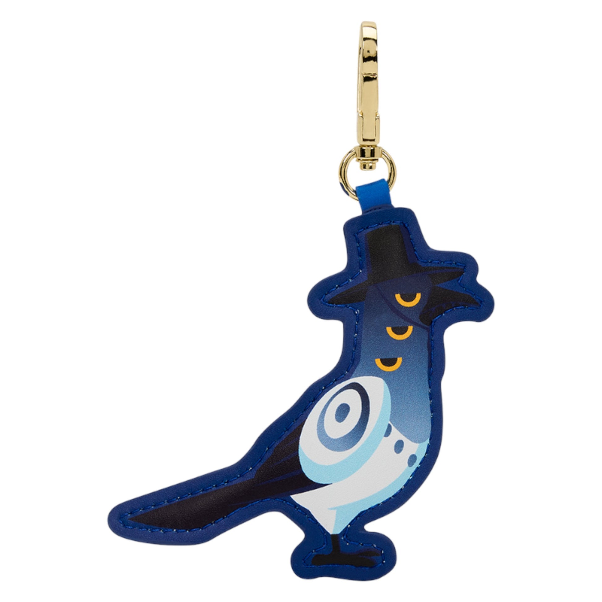 Blue and black bird-shaped zipper charm with gold ring on a white background