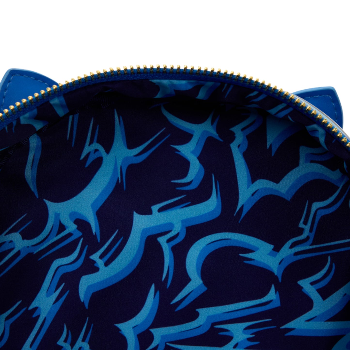 Blue patterned KPop Demon Hunters Exclusive Derpy Cosplay Light-Up Glow Mini Backpack with a zipper on a white background