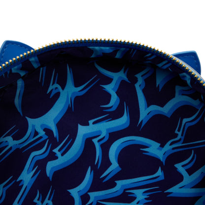 Blue patterned KPop Demon Hunters Exclusive Derpy Cosplay Light-Up Glow Mini Backpack with a zipper on a white background