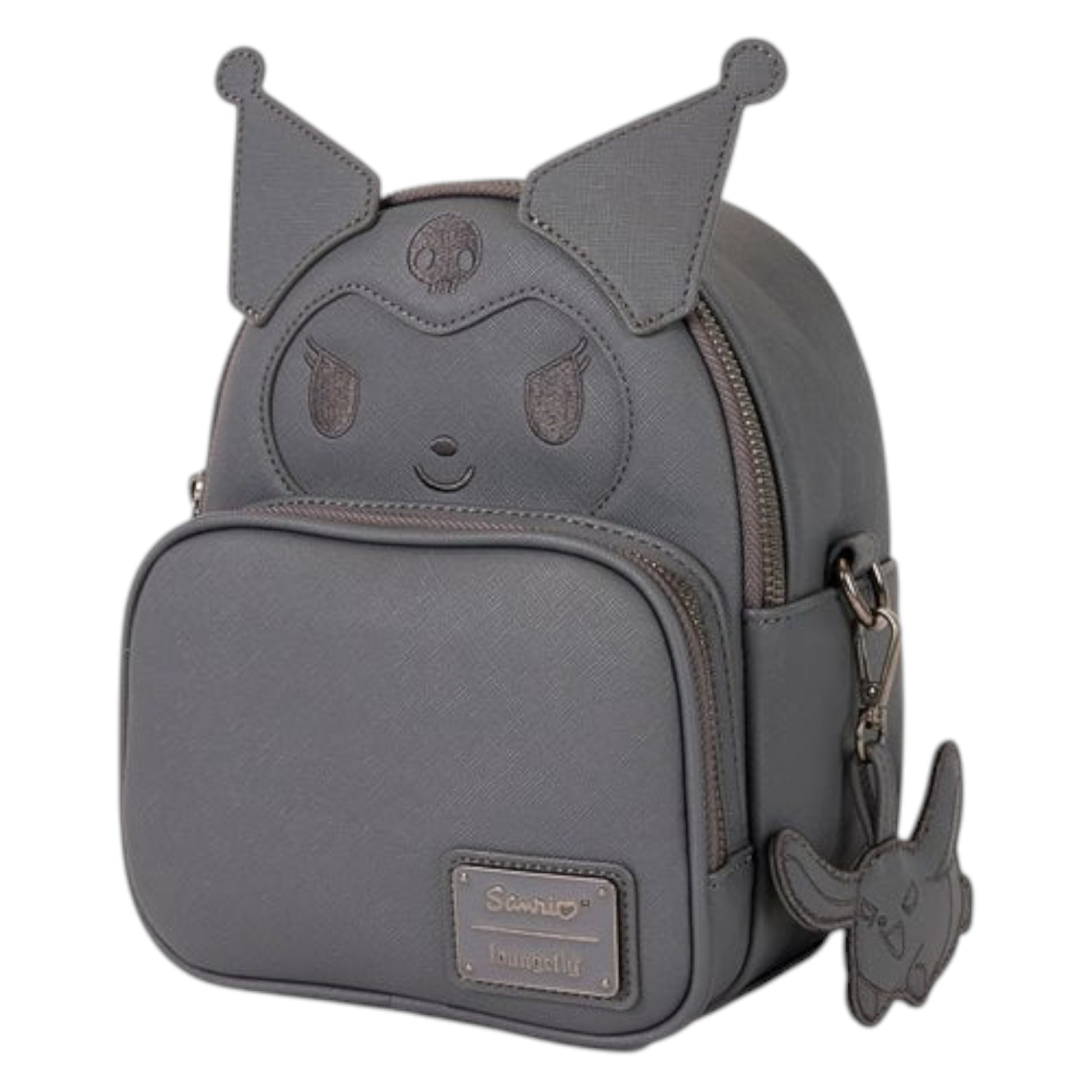 Gray backpack with Kuromi face design on a white background