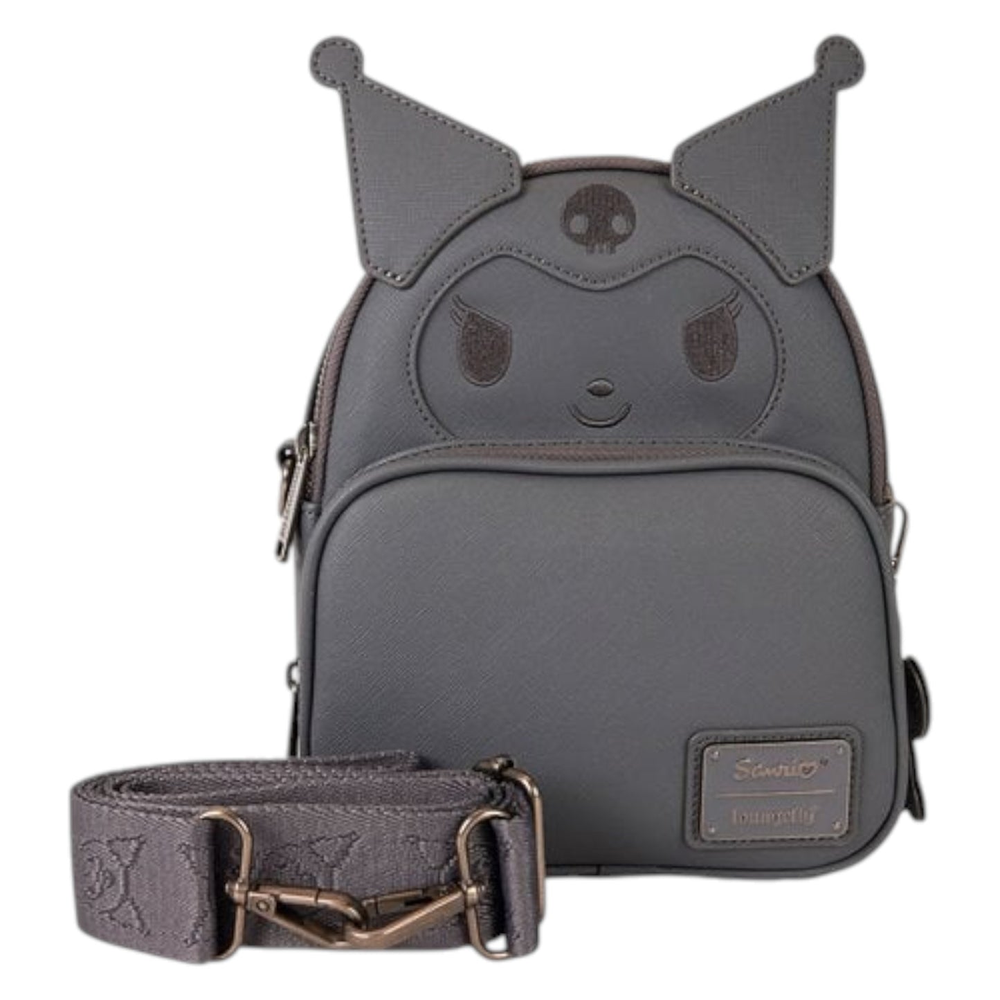 Gray backpack with Kuromi face design and matching strap on a white background