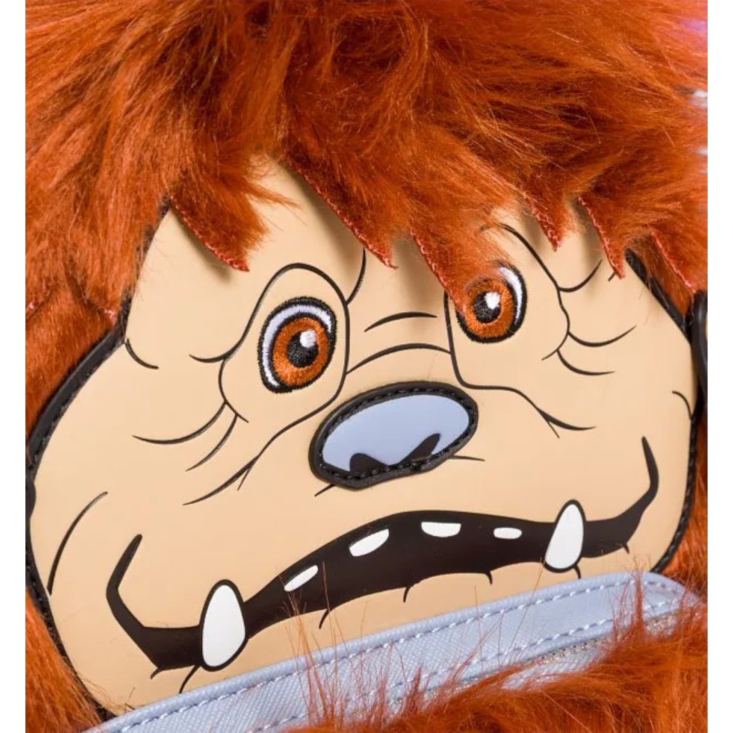Close-up of Loungefly Labyrinth Ludo Cosplay Mini Backpack with Ludos's face and red hair