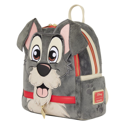 A plush Disney Puppy Dog backpack featuring a gray and cream dog face design with red accents, a top handle, and a Disney Junior brand patch on the side pocket.