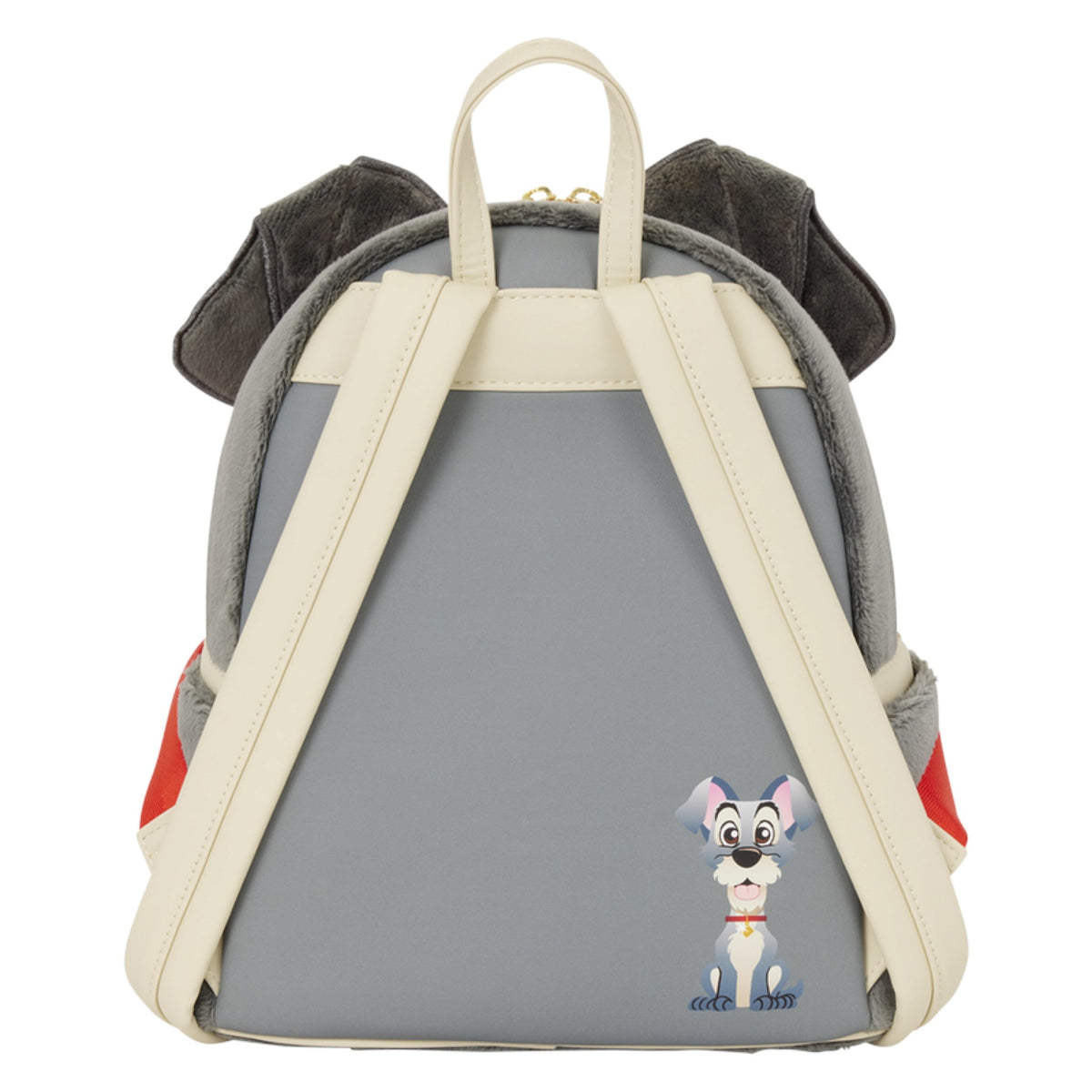 A gray and cream faux-leather backpack designed like a dog backpack, featuring plush ear flaps, cream shoulder straps, and a small character graphic on the lower right.