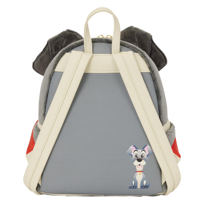A gray and cream faux-leather backpack designed like a dog backpack, featuring plush ear flaps, cream shoulder straps, and a small character graphic on the lower right.