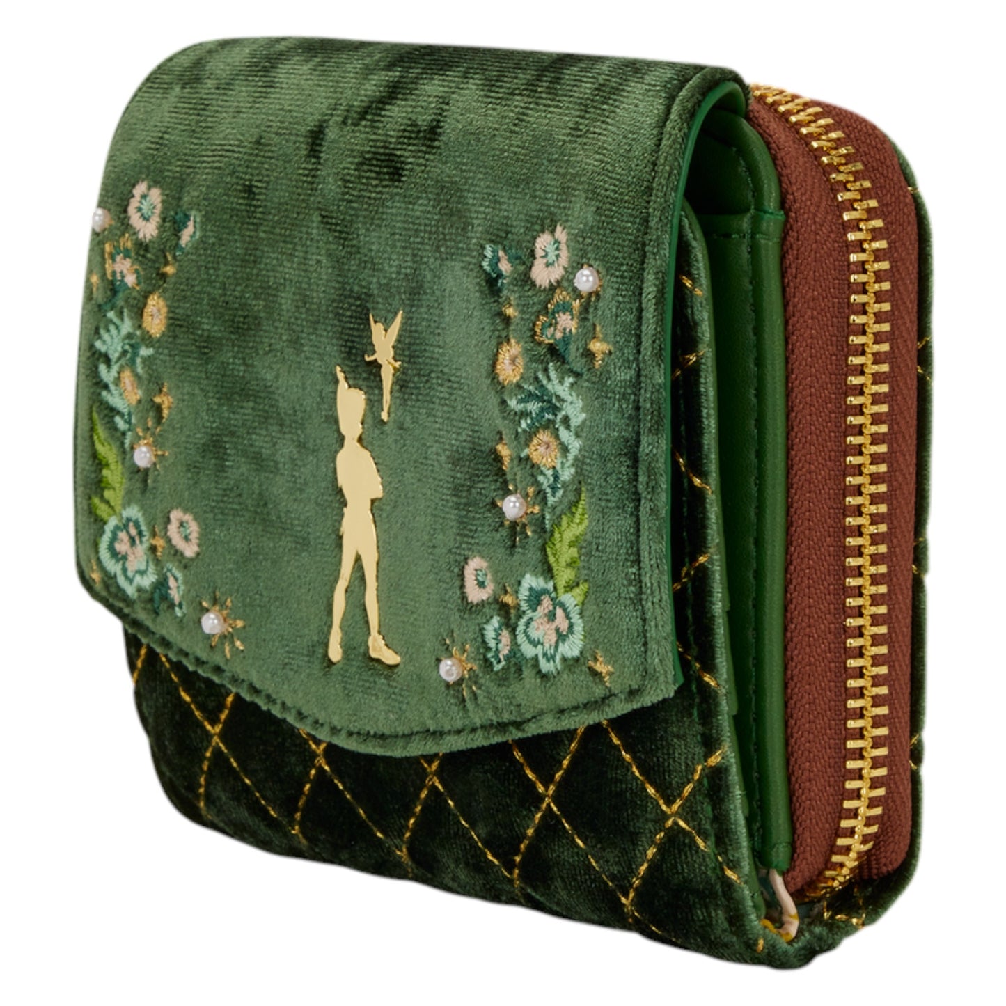 Green embroidered Green embroidered Loungefly Disney Peter Pan Quilted Texture Wallet with floral designs and a small Peter Pan character on a white background 
