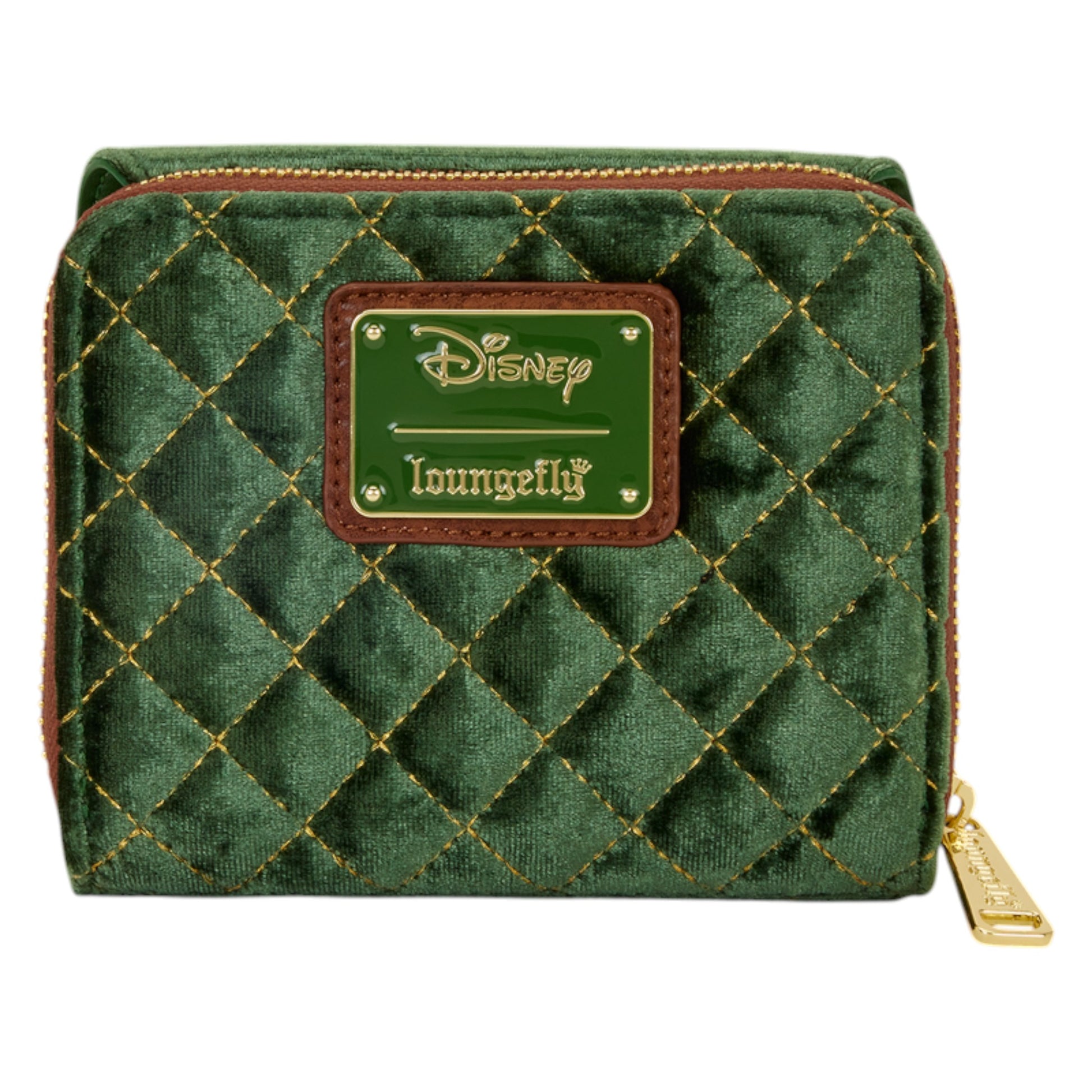 Back of green quilted Green embroidered Loungefly Disney Peter Pan Quilted Texture Wallet with with Disney Loungefly logo on a white background