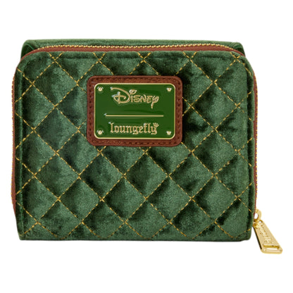 Back of green quilted Green embroidered Loungefly Disney Peter Pan Quilted Texture Wallet with with Disney Loungefly logo on a white background