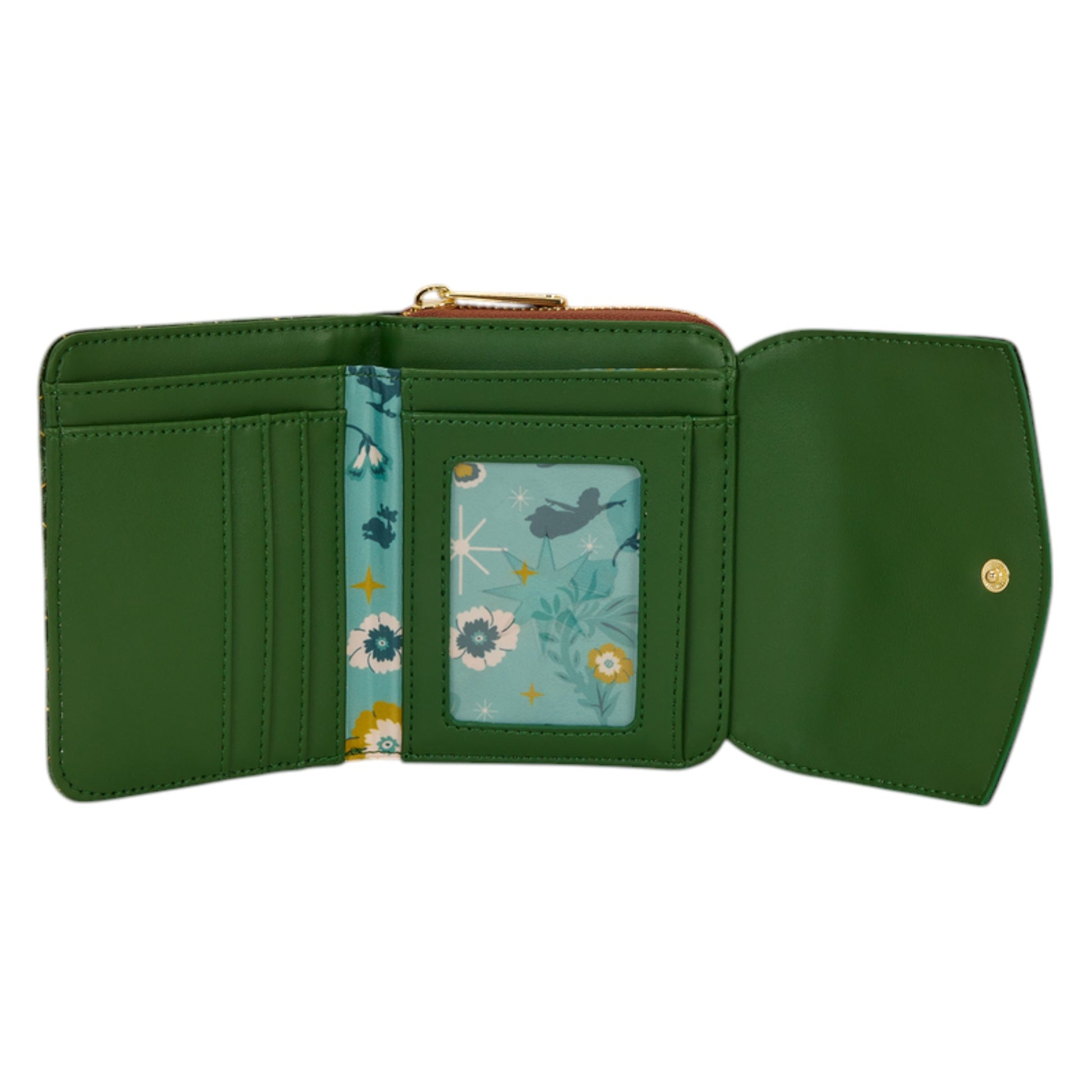 Inside of green Green embroidered Loungefly Disney Peter Pan Quilted Texture Wallet with floral interior pocket on a white background