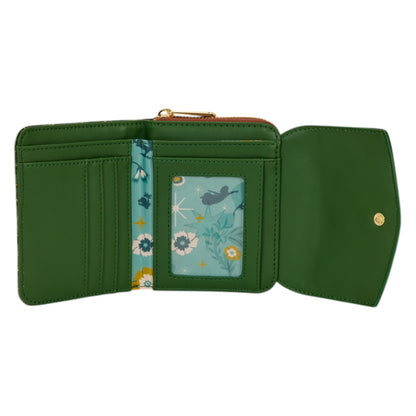 Inside of green Green embroidered Loungefly Disney Peter Pan Quilted Texture Wallet with floral interior pocket on a white background