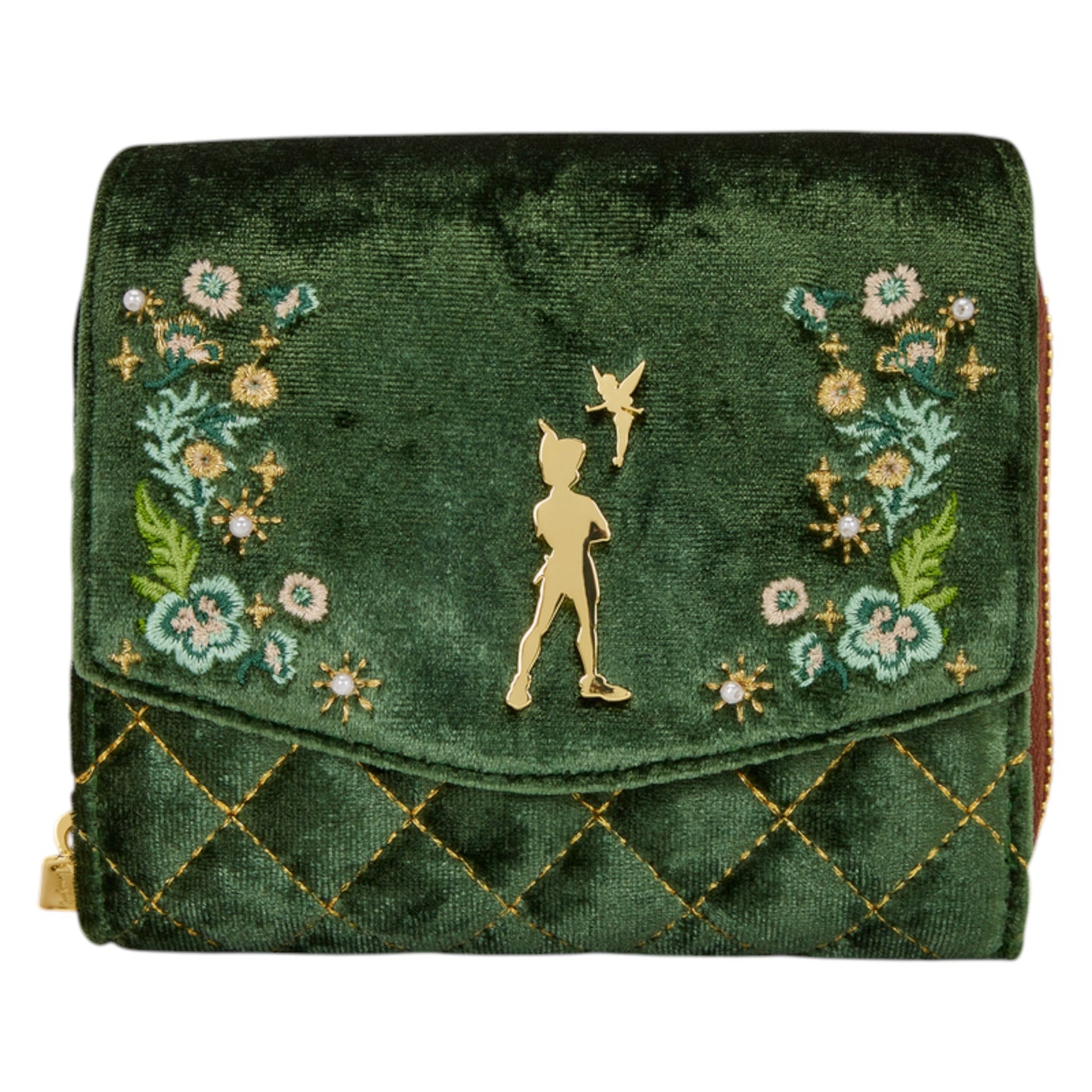 Green velvet clutch Green embroidered Loungefly Disney Peter Pan Quilted Texture Wallet with floral designs and a small Peter Pan character on a white background