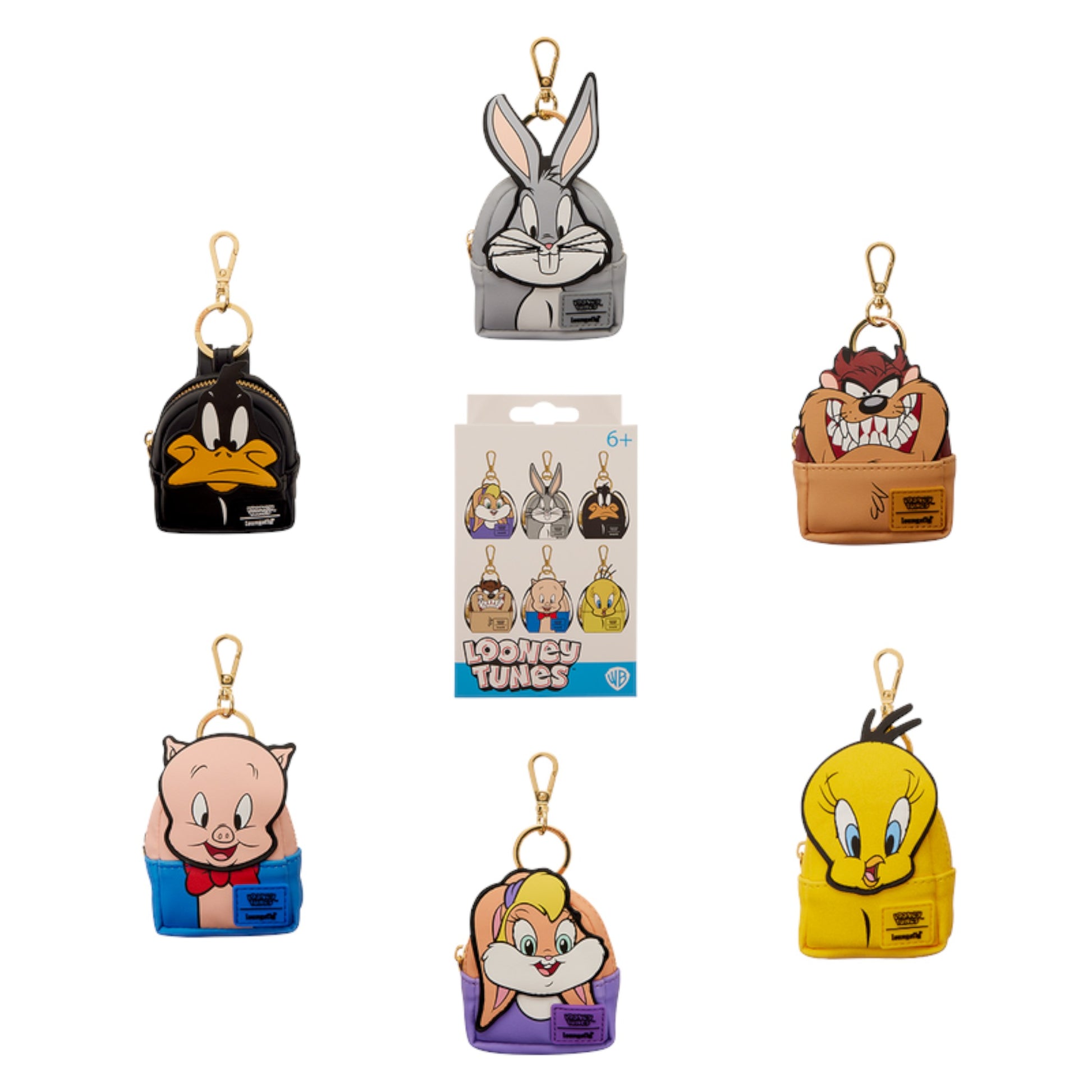 Collection of Looney Tunes character keychains on a white background