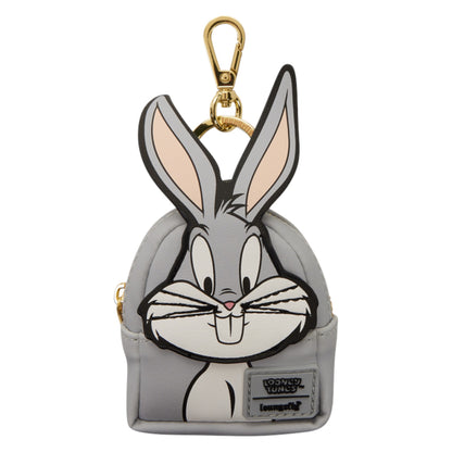 A Looney Tunes Bugs Bunny mini backpack keychain in gray faux leather with a gold-tone clasp, featuring a 3D bunny face design and a visible Looney Tunes patch.