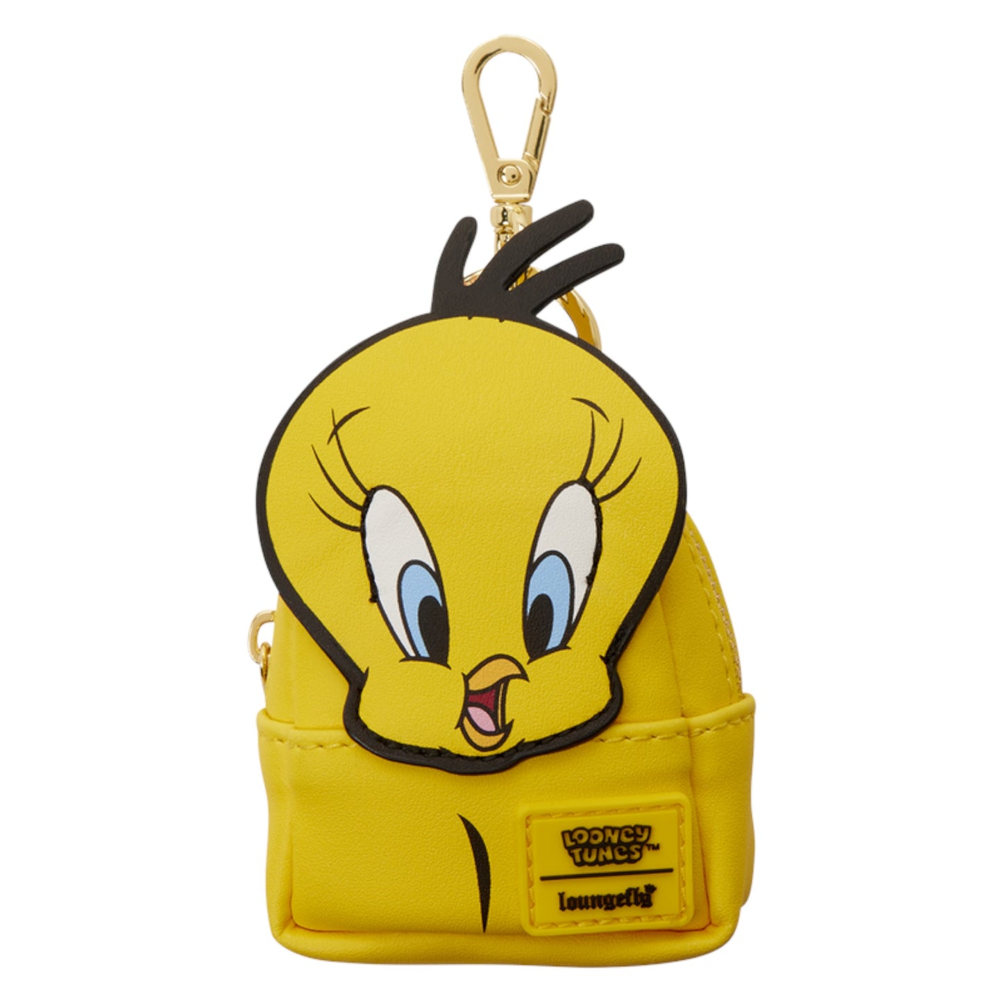 A yellow Looney Tunes character keychain pouch featuring Tweety Bird's face, with a gold-tone clasp at the top and a Looney Tunes patch on the front, shown on a plain white background.