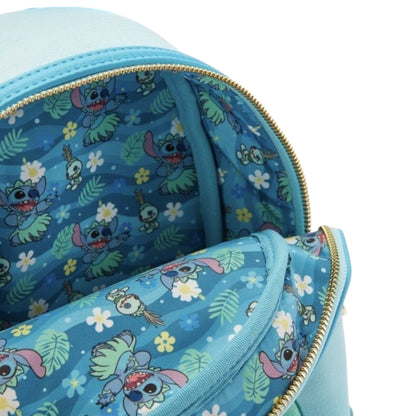 Blue backpack with stitch wearing a hula skirt character pattern on a white background