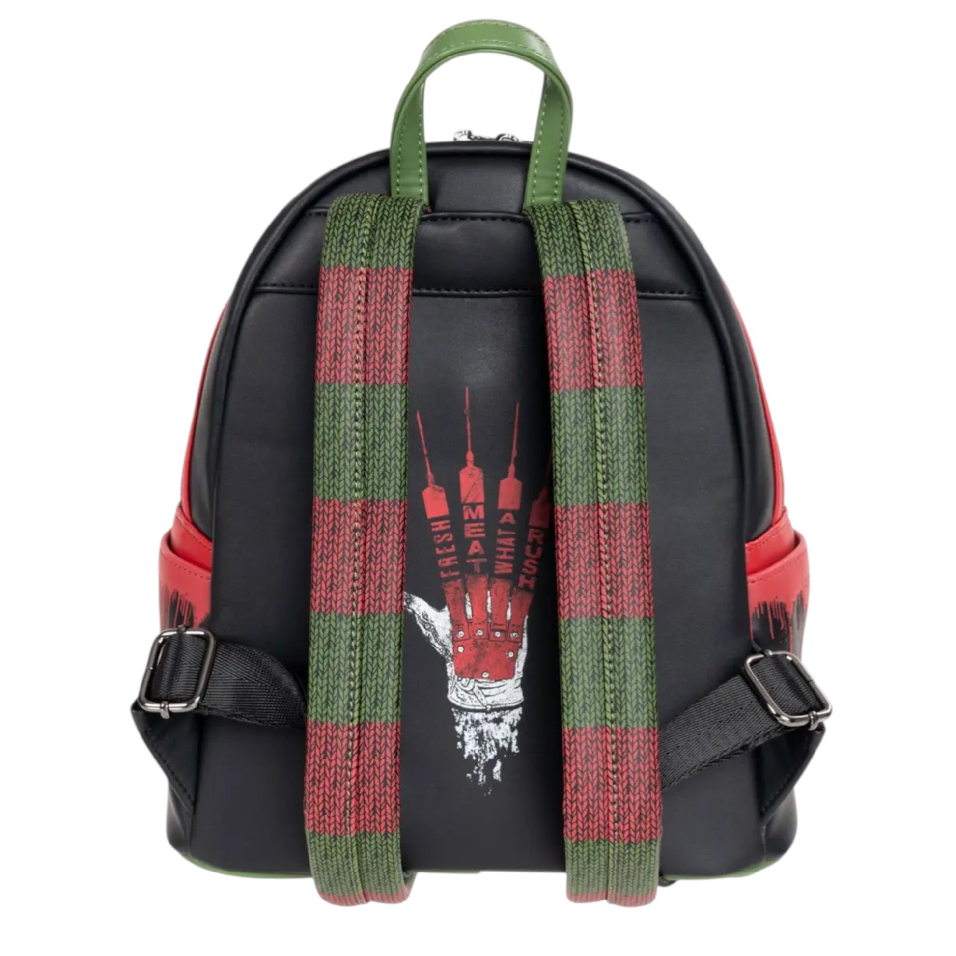 Black A Nightmare on Elm Street Freddy Mini Backpack with green and red plaid straps and a hand with syringes for fingers on a white background