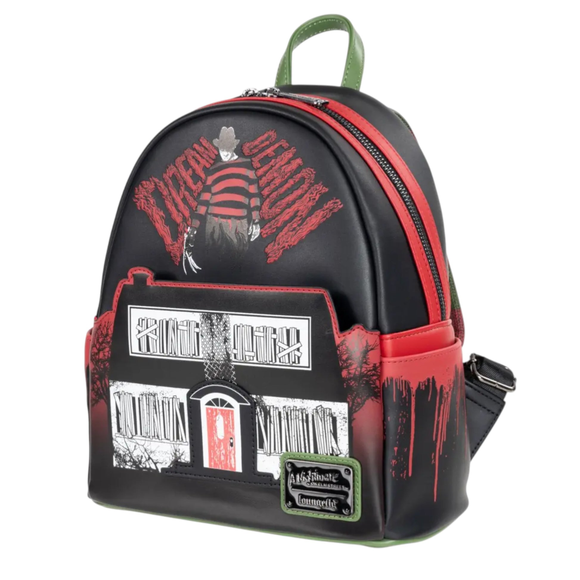 Black A Nightmare on Elm Street Freddy Mini Backpack with red and white graphics on a white background